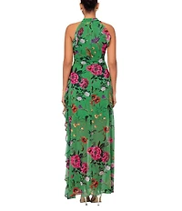 Betsy & Adam Petite Size Floral Ruffle Halter Long Dress