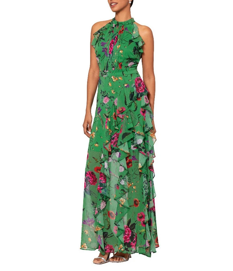 Betsy & Adam Petite Size Floral Ruffle Halter Long Dress