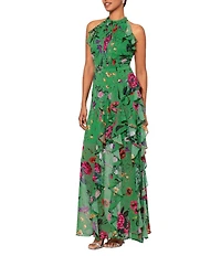 Betsy & Adam Petite Size Floral Ruffle Halter Long Dress