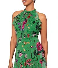 Betsy & Adam Petite Size Floral Ruffle Halter Long Dress