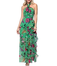Betsy & Adam Petite Size Floral Ruffle Halter Long Dress