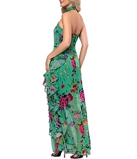 Betsy & Adam Petite Size Floral Ruffle Halter Long Dress