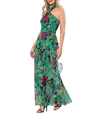 Betsy & Adam Petite Size Floral Ruffle Halter Long Dress