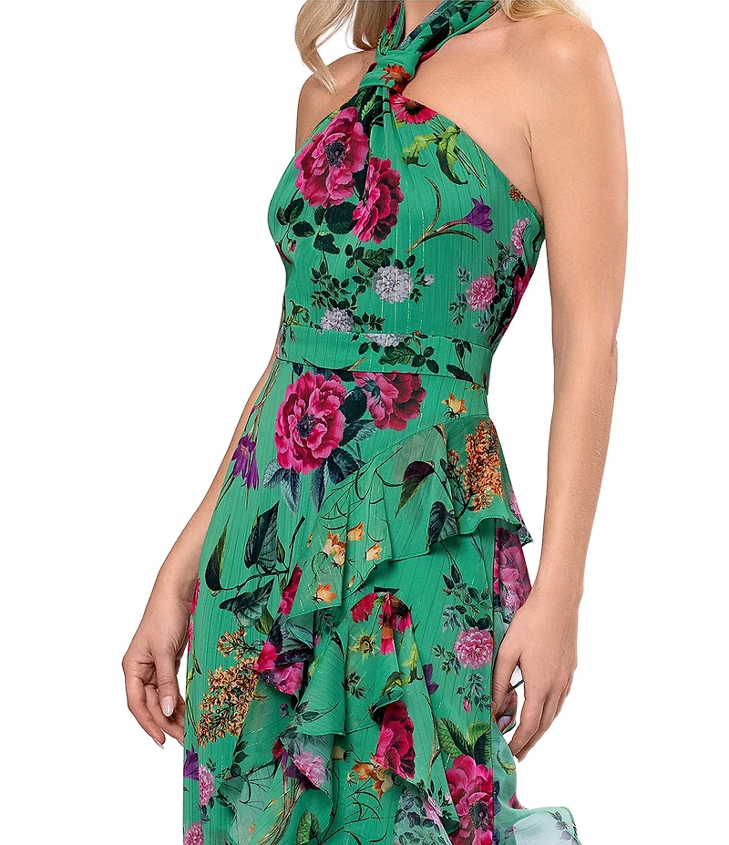 Betsy & Adam Petite Size Floral Ruffle Halter Long Dress