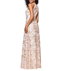 Betsy & Adam Petite Size Floral Sequin Soutache Halter Sleeveless A-Line Gown