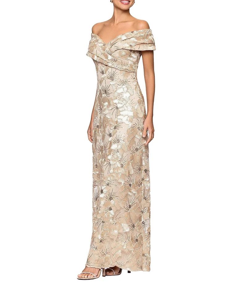 Betsy & Adam Petite Size Floral Soutache Off The Shoulder Sleeveless Gown