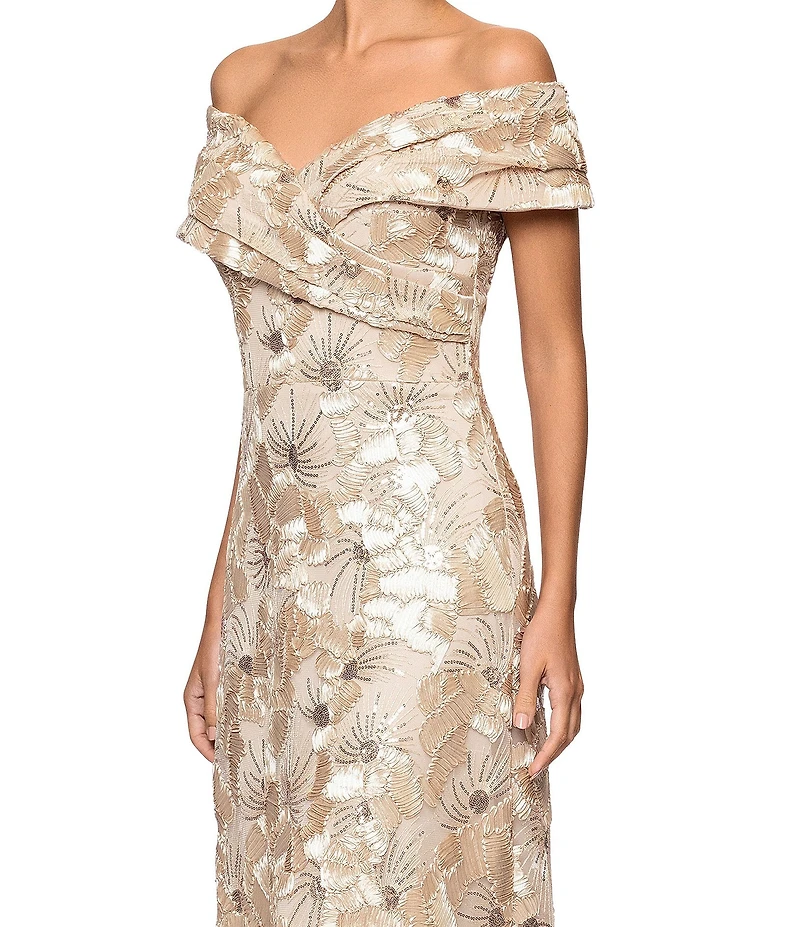 Betsy & Adam Petite Size Floral Soutache Off The Shoulder Sleeveless Gown