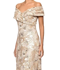 Betsy & Adam Petite Size Floral Soutache Off The Shoulder Sleeveless Gown