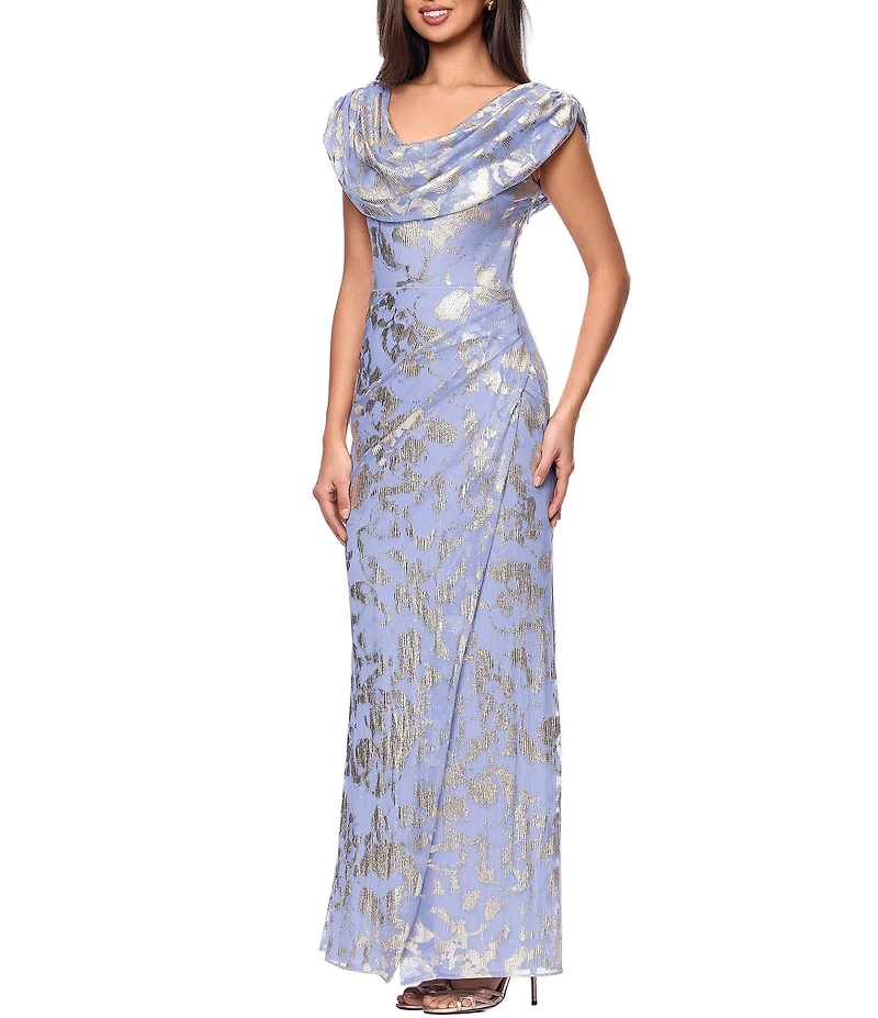 Betsy & Adam Petite Size Foil Knit Drape Neck Long Dress