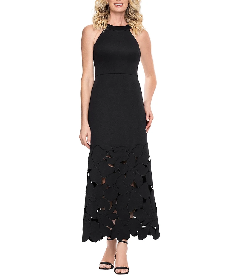 Betsy & Adam Petite Size Halter Neck Sleeveless Floral Cut Out Hem Long Dress