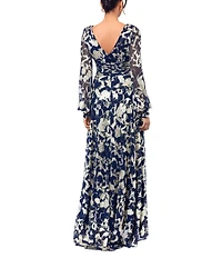 Betsy & Adam Petite Size Metallic Crinkle Foil Mesh Long Sleeve Gown