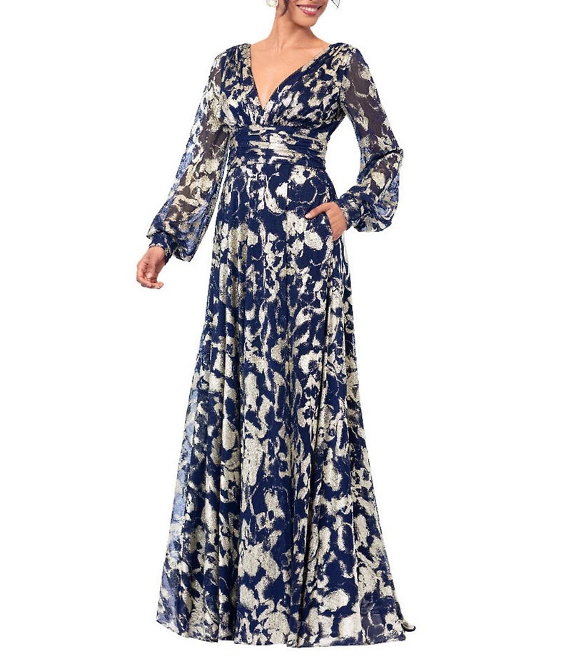 Betsy & Adam Petite Size Metallic Crinkle Foil Mesh Long Sleeve Gown
