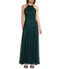 Betsy & Adam Petite Size Metallic Crinkle Halter Neck Sleeveless Gown