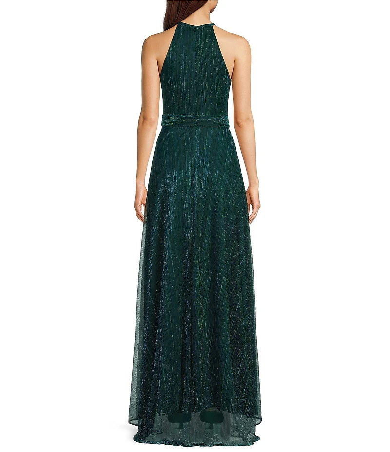 Betsy & Adam Petite Size Metallic Crinkle Halter Neck Sleeveless Gown