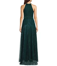 Betsy & Adam Petite Size Metallic Crinkle Halter Neck Sleeveless Gown