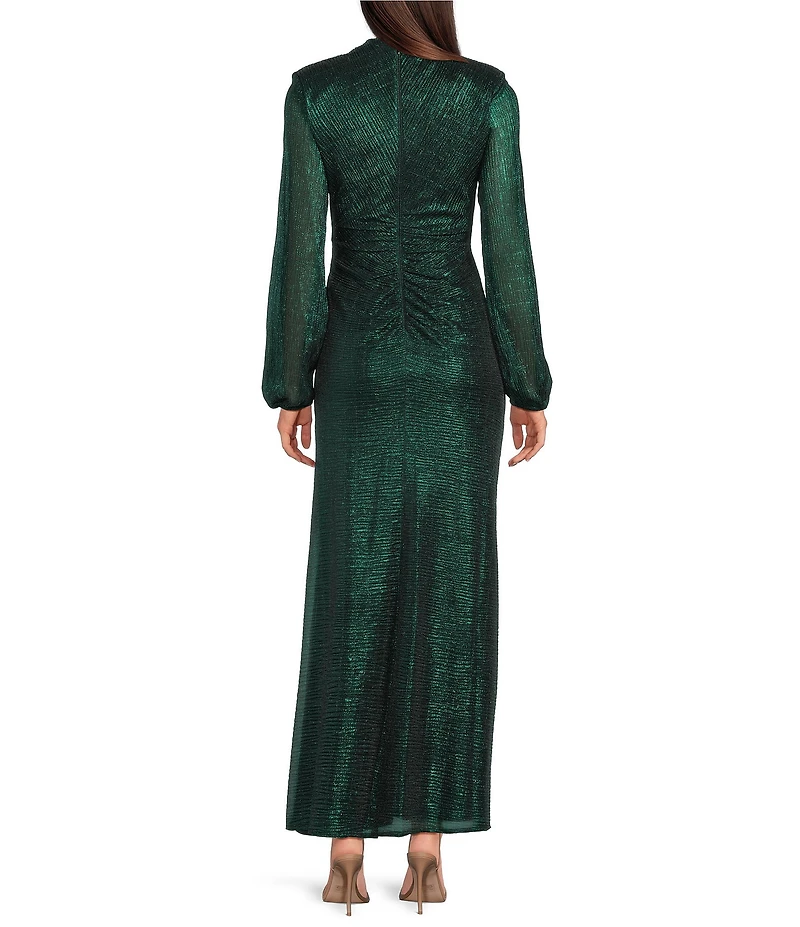 Betsy & Adam Petite Size Metallic Crinkle Long Bubble Sleeve Mock Neck Ruched Gown