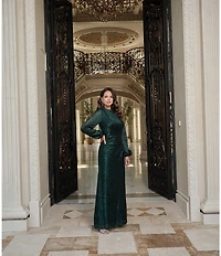 Betsy & Adam Petite Size Metallic Crinkle Long Bubble Sleeve Mock Neck Ruched Gown