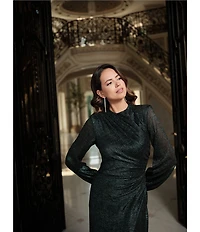 Betsy & Adam Petite Size Metallic Crinkle Long Bubble Sleeve Mock Neck Ruched Gown