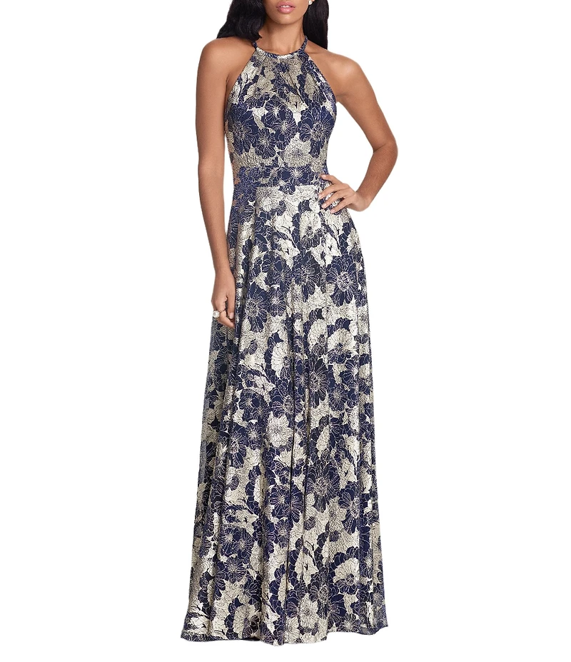 Betsy & Adam Petite Size Metallic Crinkle Sleeveless Halter Neck Foil Floral Print A-Line Gown
