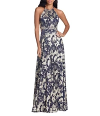 Betsy & Adam Petite Size Metallic Crinkle Sleeveless Halter Neck Foil Floral Print A-Line Gown
