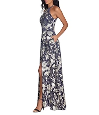 Betsy & Adam Petite Size Metallic Crinkle Sleeveless Halter Neck Foil Floral Print A-Line Gown