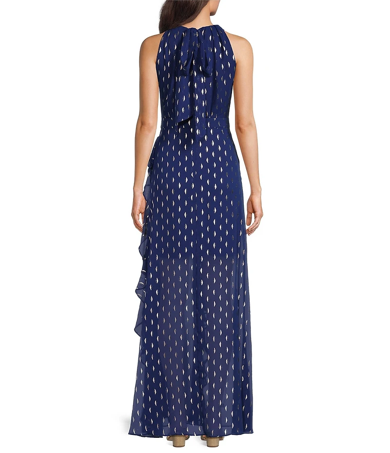 Betsy & Adam Petite Size Metallic Front Ruffled Slit Halter Neck Sleeveless Gown