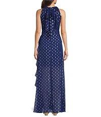 Betsy & Adam Petite Size Metallic Front Ruffled Slit Halter Neck Sleeveless Gown