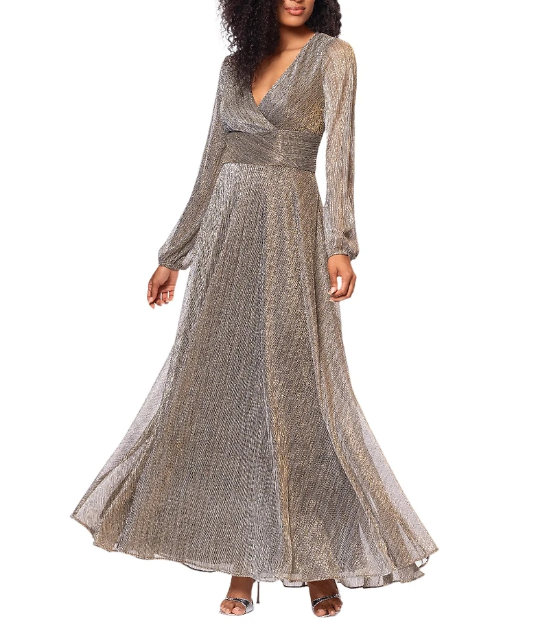 Betsy & Adam Petite Size Metallic Knit Long Sleeve Gown