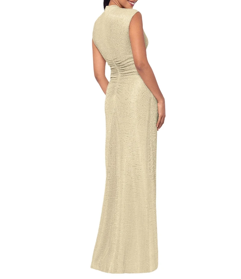 Betsy & Adam Petite Size Mock Neck Ruched Bodice Crinkled Metallic Sleeveless Sheath Gown