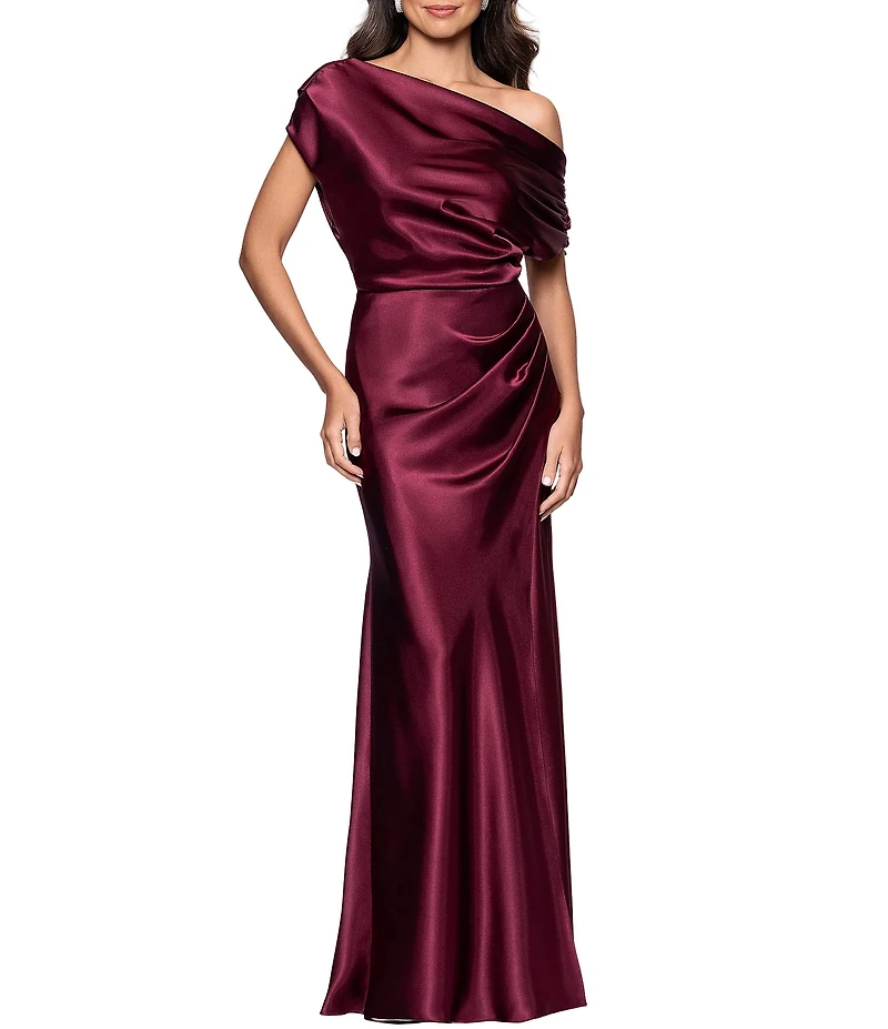Betsy & Adam Petite Size Off-The-Shoulder Charmeuse Drop Neck Ruched Long Dress