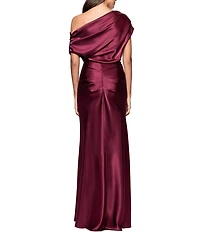 Betsy & Adam Petite Size Off-The-Shoulder Charmeuse Drop Neck Ruched Long Dress