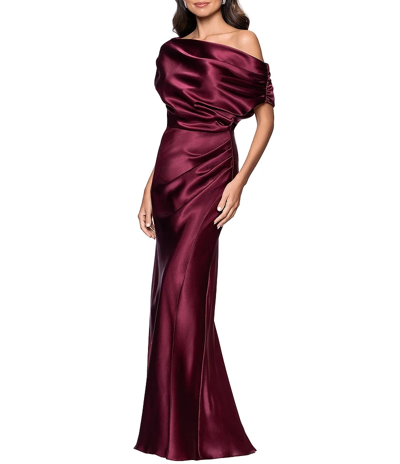 Betsy & Adam Petite Size Off-The-Shoulder Charmeuse Drop Neck Ruched Long Dress