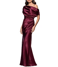 Betsy & Adam Petite Size Off-The-Shoulder Charmeuse Drop Neck Ruched Long Dress