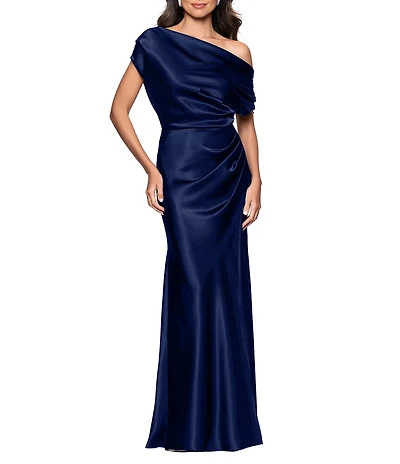Betsy & Adam Petite Size Off-The-Shoulder Charmeuse Drop Neck Ruched Long Dress