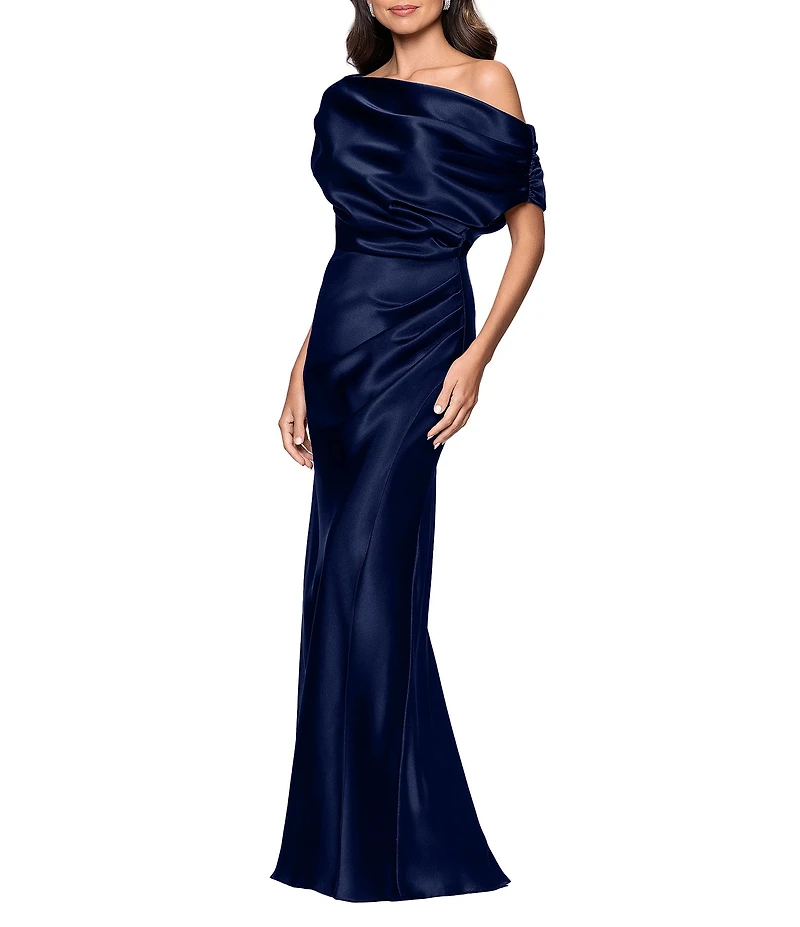 Betsy & Adam Petite Size Off-The-Shoulder Charmeuse Drop Neck Ruched Long Dress
