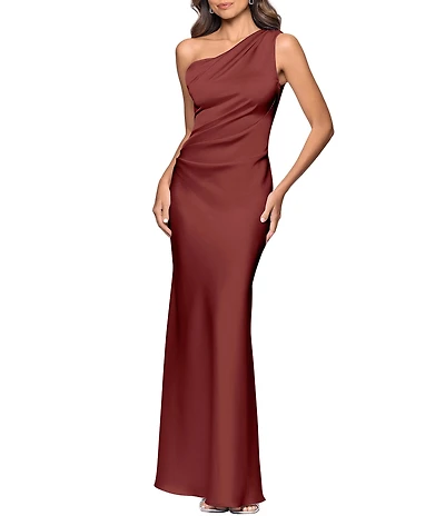 Betsy & Adam Petite Size One Shoulder Satin Long Dress