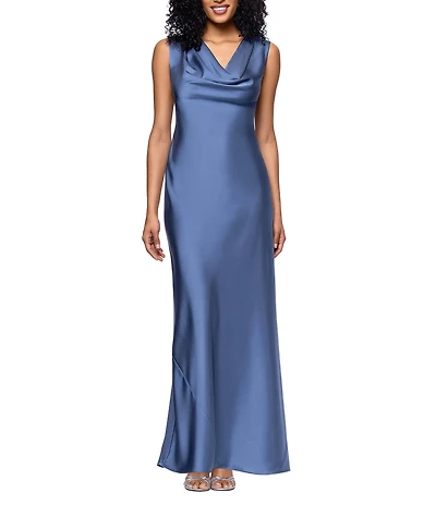 Betsy & Adam Petite Size Satin Cowl Neck Cap Sleeve Gown
