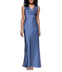 Betsy & Adam Petite Size Satin Cowl Neck Cap Sleeve Gown