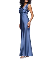 Betsy & Adam Petite Size Satin Cowl Neck Cap Sleeve Gown