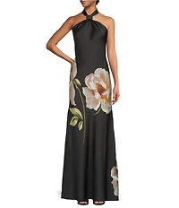 Betsy & Adam Petite Size Satin Floral Print Halter Neck Long Dress