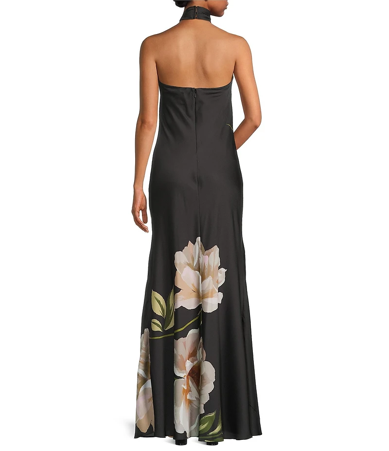 Betsy & Adam Petite Size Satin Floral Print Halter Neck Long Dress