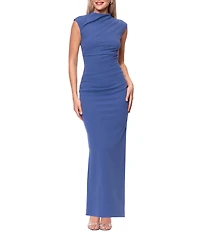 Betsy & Adam Petite Size Scuba Crepe Ruched Mock Neck Long Dress