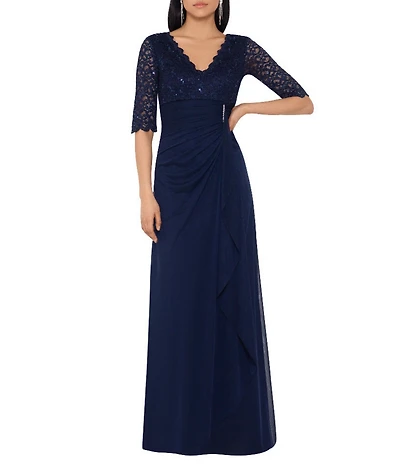 Betsy & Adam Petite Size Sequin Lace 3/4 Sleeve Cinched Gown