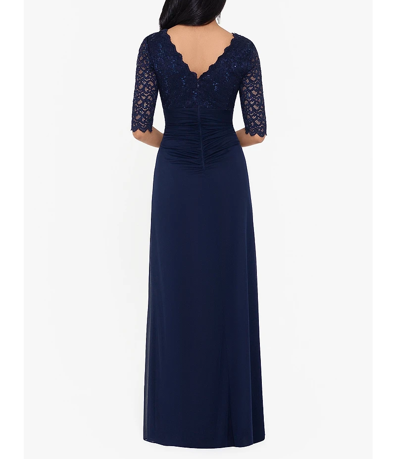 Betsy & Adam Petite Size Sequin Lace 3/4 Sleeve Cinched Gown