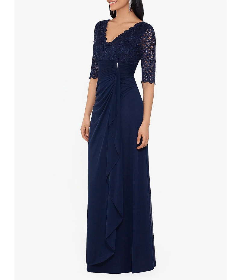 Betsy & Adam Petite Size Sequin Lace 3/4 Sleeve Cinched Gown