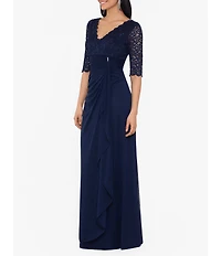 Betsy & Adam Petite Size Sequin Lace 3/4 Sleeve Cinched Gown