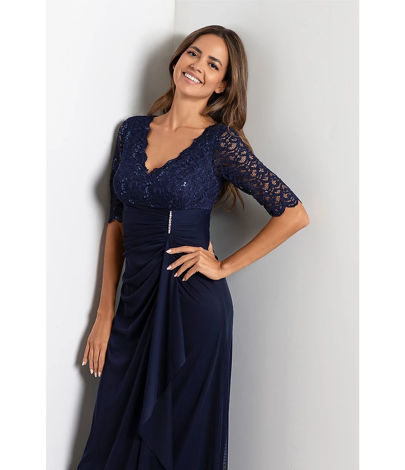 Betsy & Adam Petite Size Sequin Lace 3/4 Sleeve Cinched Gown