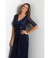 Betsy & Adam Petite Size Sequin Lace 3/4 Sleeve Cinched Gown