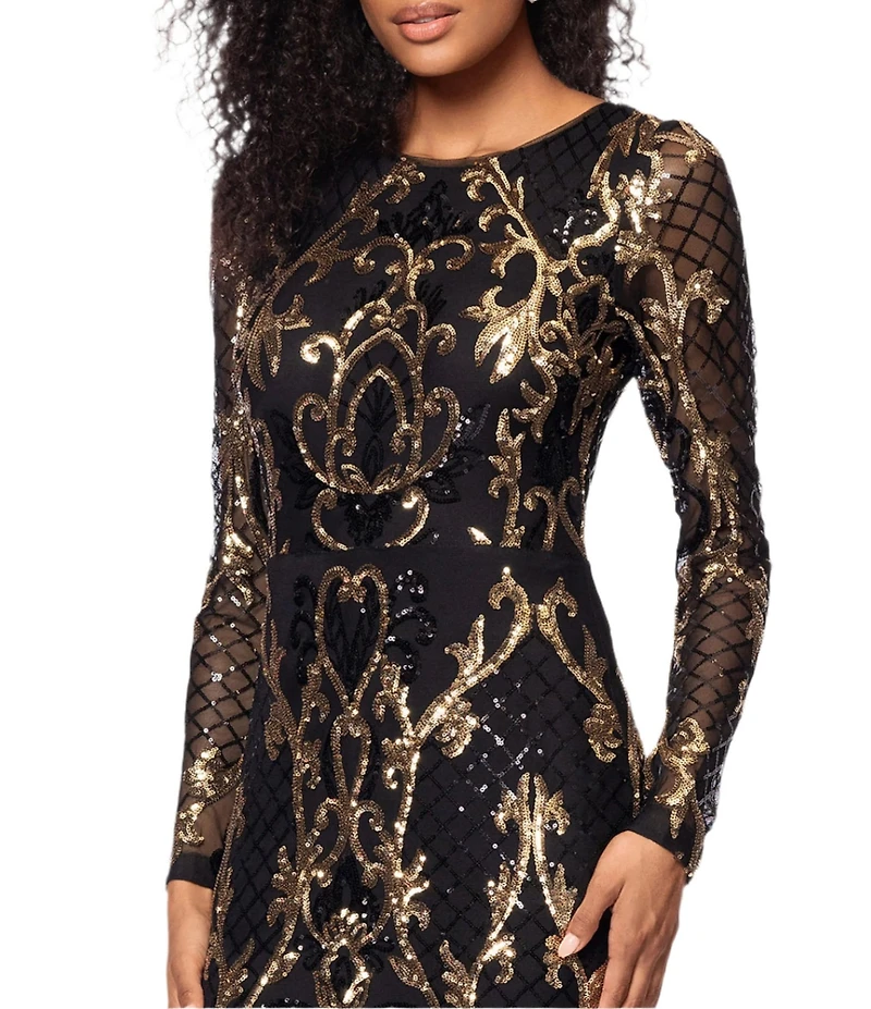 Betsy & Adam Petite Size Sequin Round Neck Long Sleeve Gown