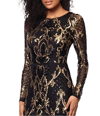 Betsy & Adam Petite Size Sequin Round Neck Long Sleeve Gown